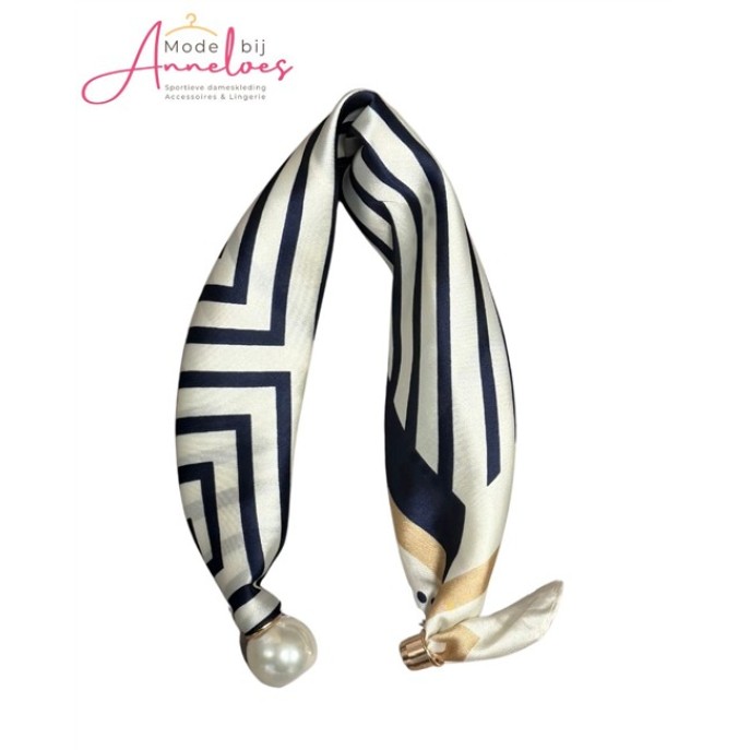 Dames Parelsjaal print donkerblauw gestreept- kleine hals sjaal met parel 518
